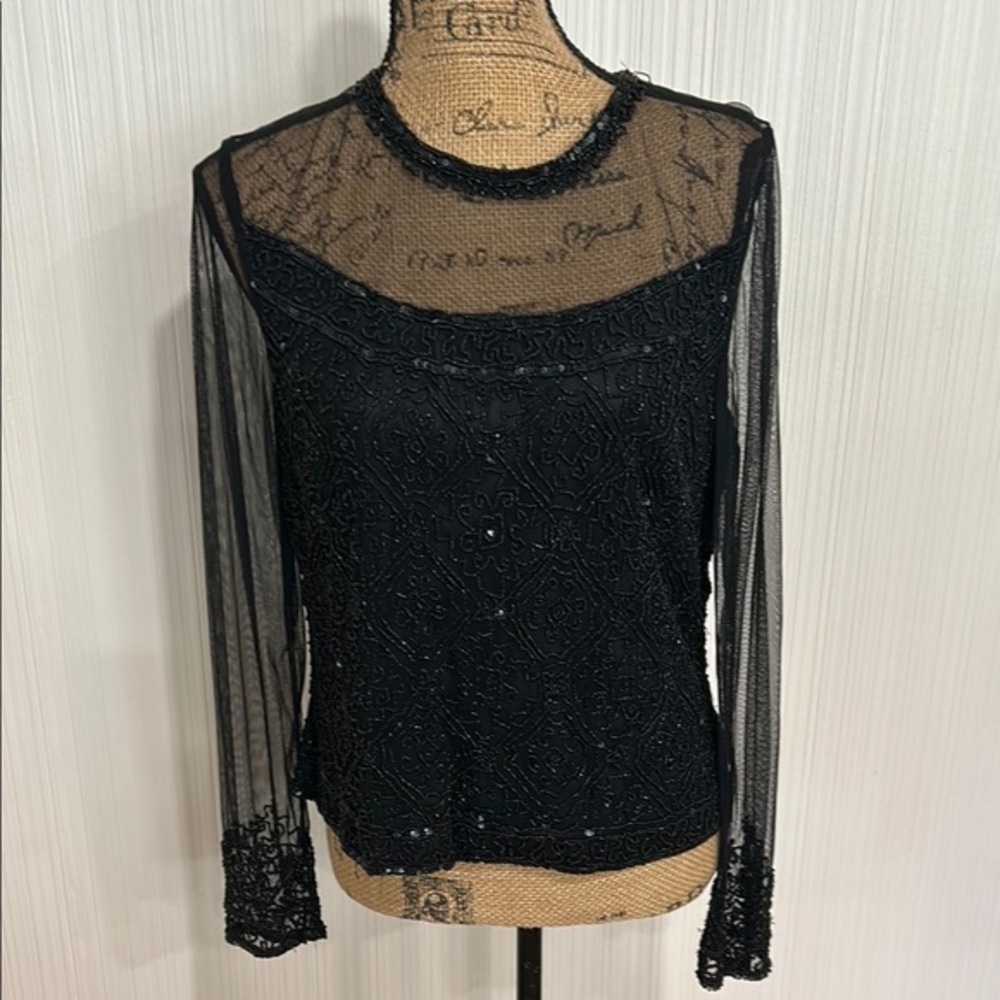 Vintage MARINA Bresler Elegant Black Sheer Beaded Blouse